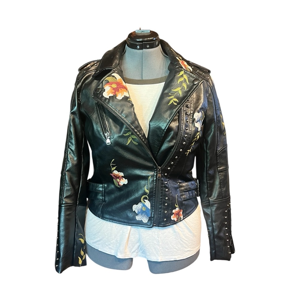 Cezanne Black Leather Jacket with Floral Design